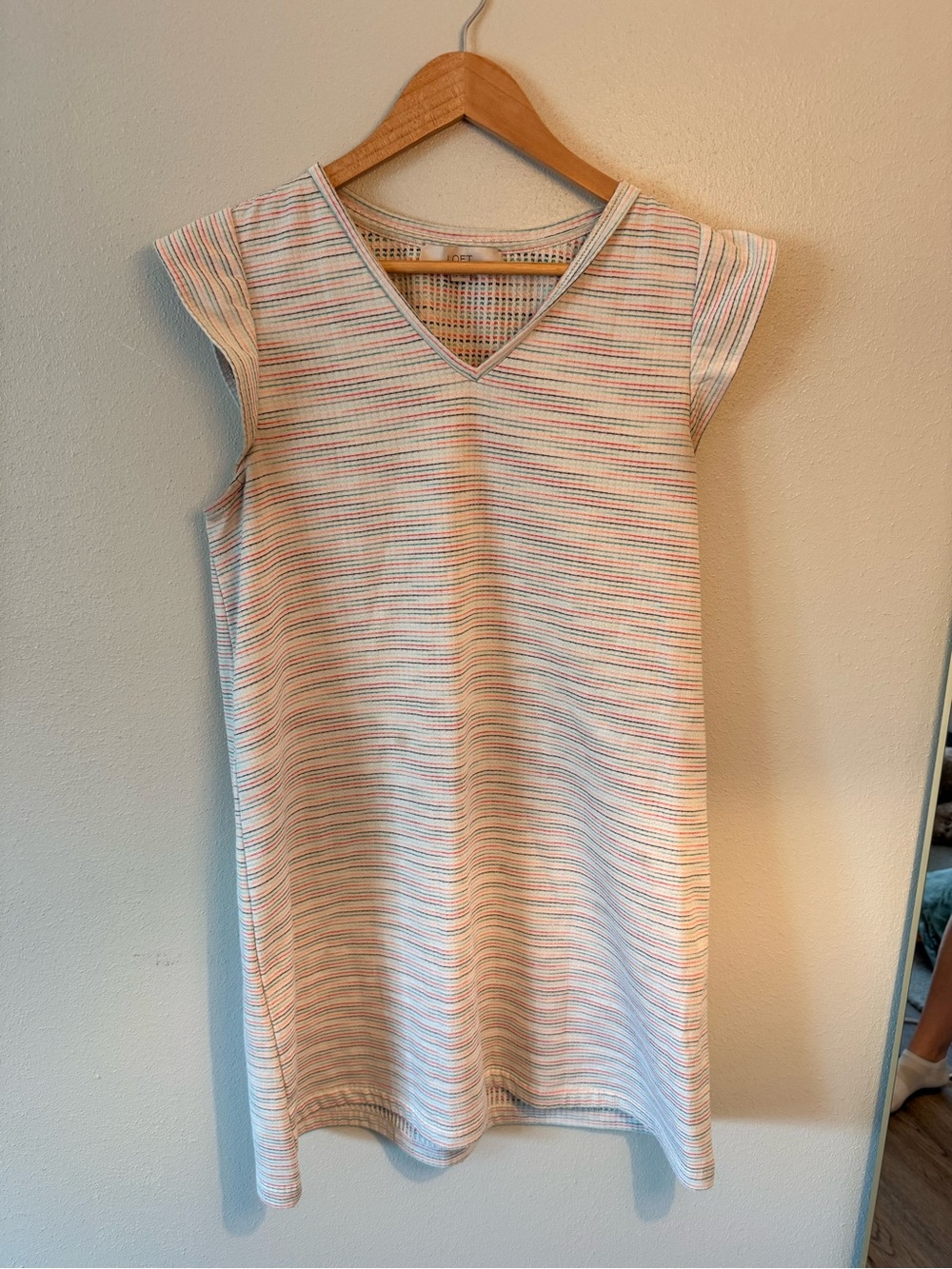 Loft Striped V-Neck Cap Sleeve Dress - White with Pastel Stripes